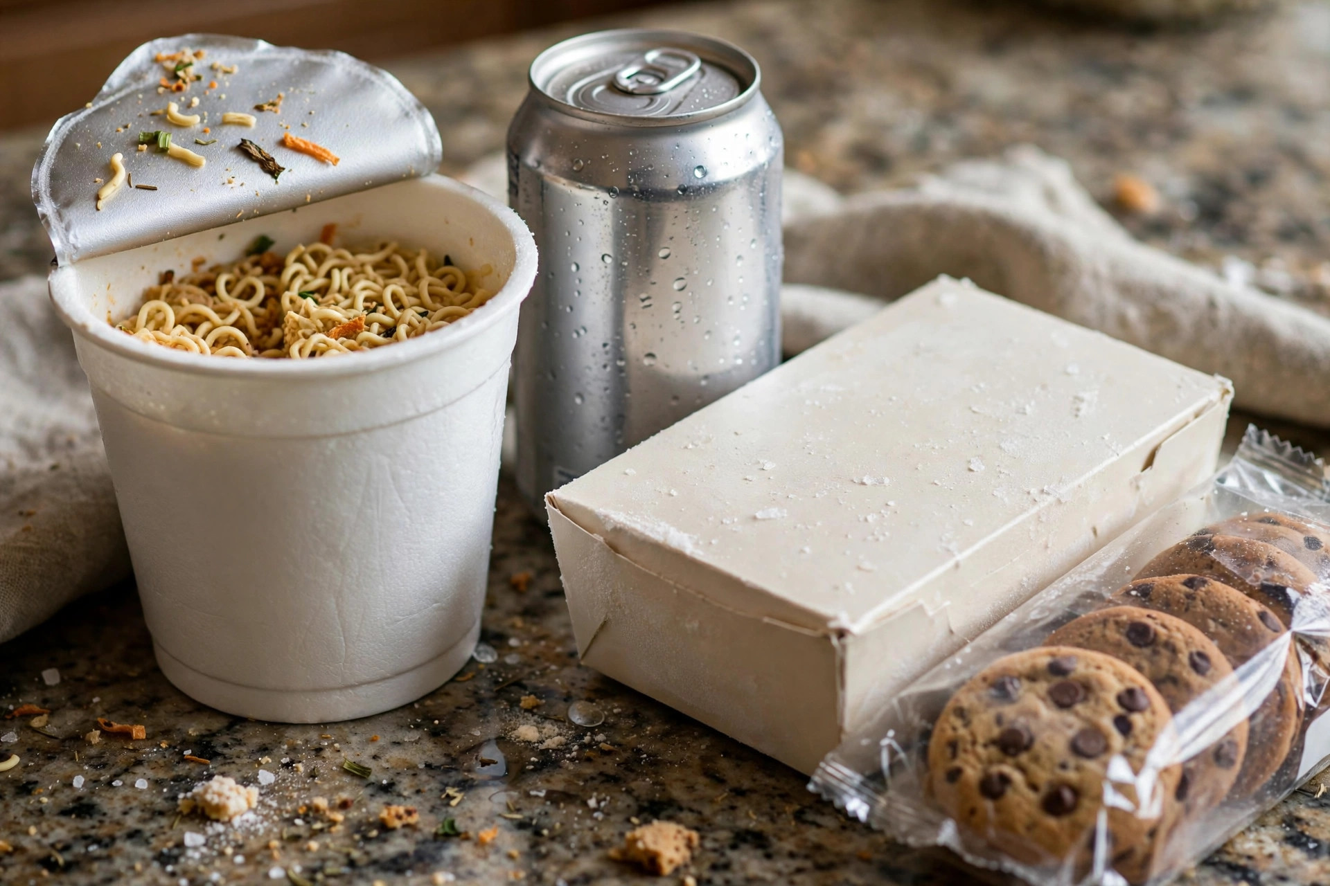 Ultra processed foods to avoid: instant noodles, soft drinks, frozen ready meals, and packaged snacks