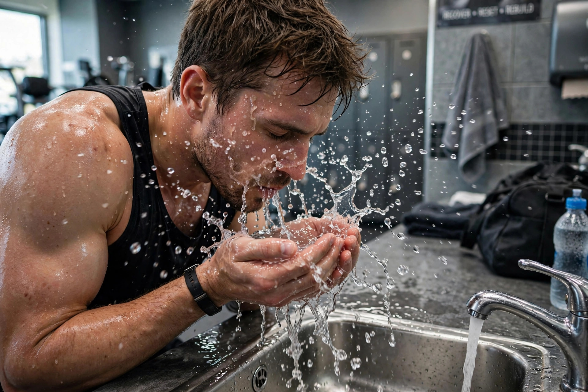 Athlete using cold water face splash as a vagus nerve reset recovery technique after training
