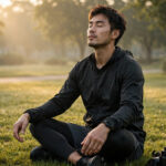 Athlete practicing vagus nerve reset breathing technique for post-workout recovery in the park at sunrise