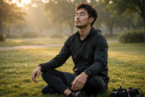 Athlete practicing vagus nerve reset breathing technique for post-workout recovery in the park at sunrise