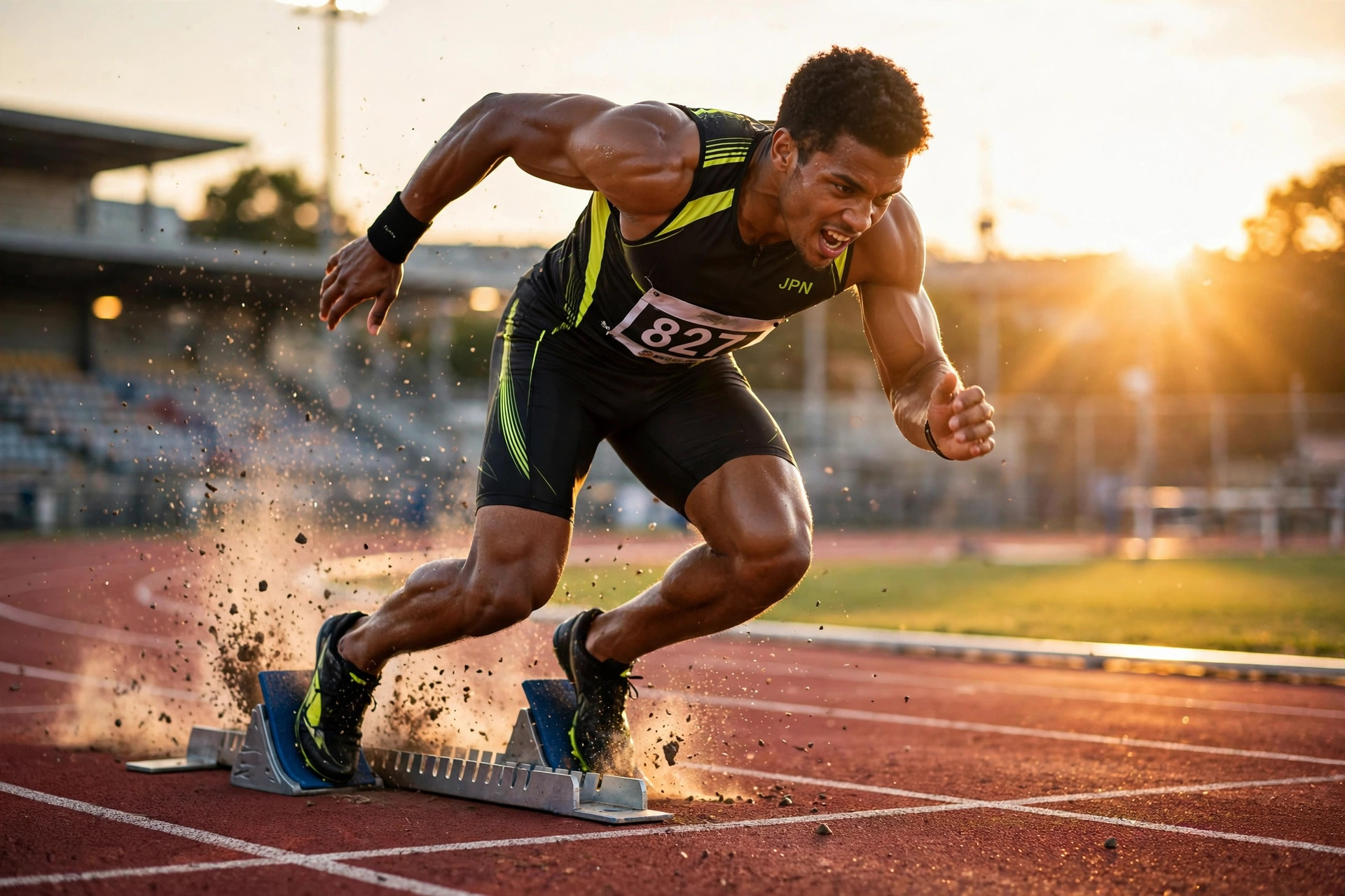 Sprinter exploding from starting blocks — peptides for athletes marketed for faster recovery